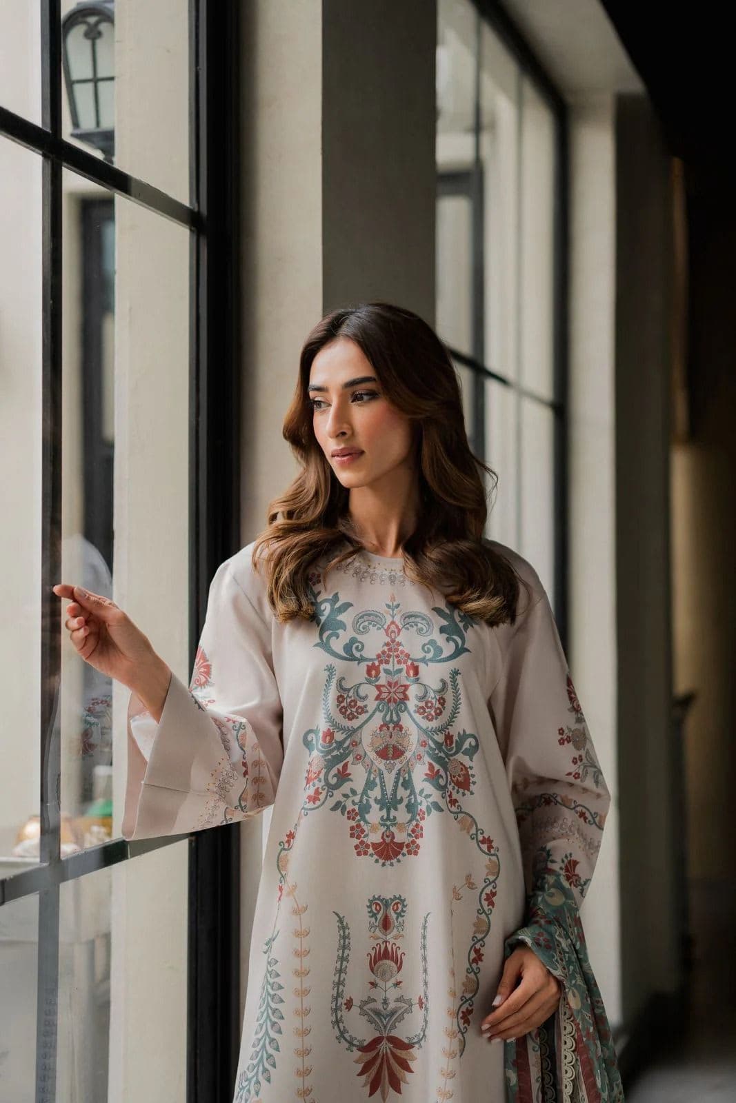 Beige Botanical Printed Kaftan