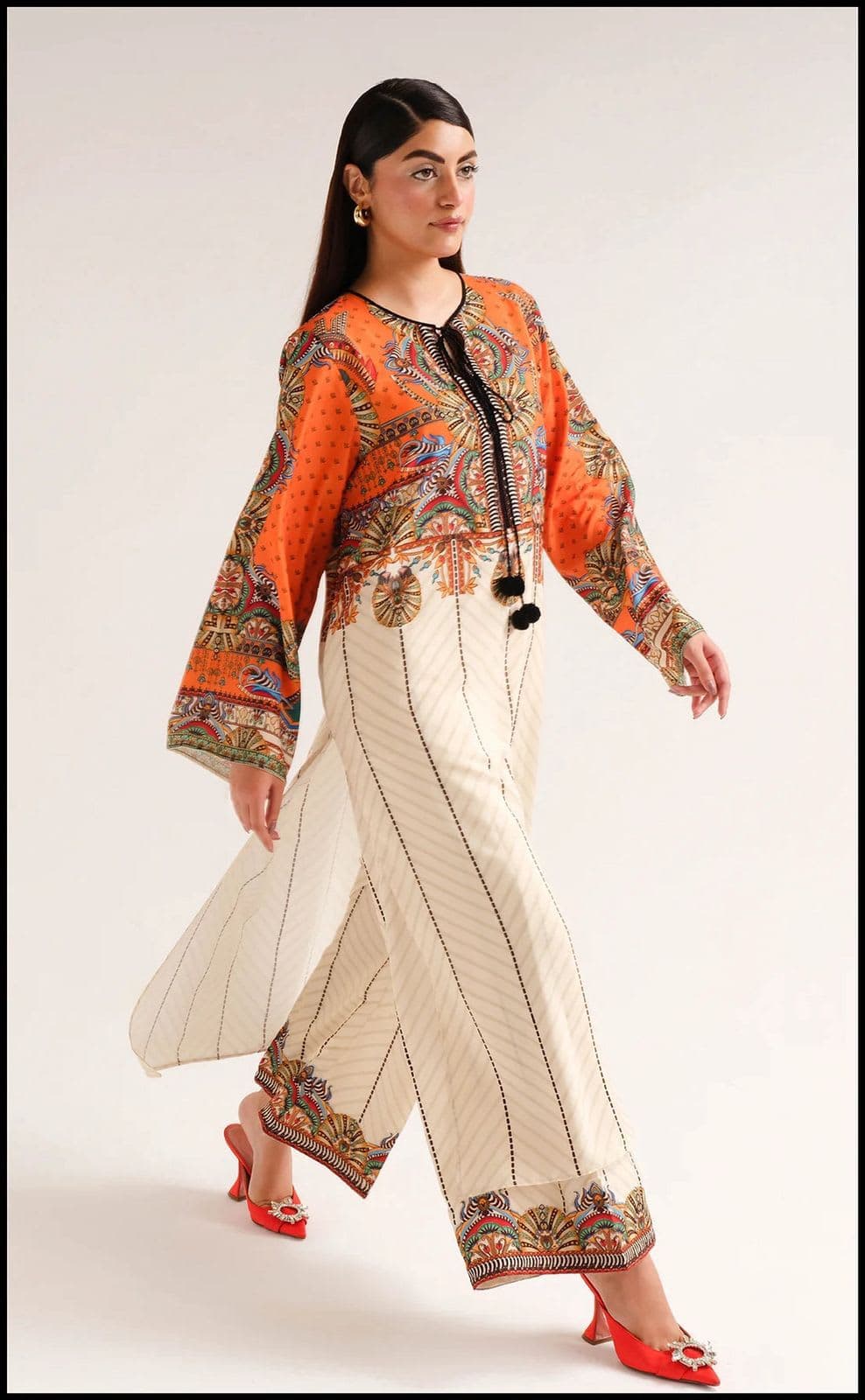 Ivory & Rust Printed Kaftan Set view 3