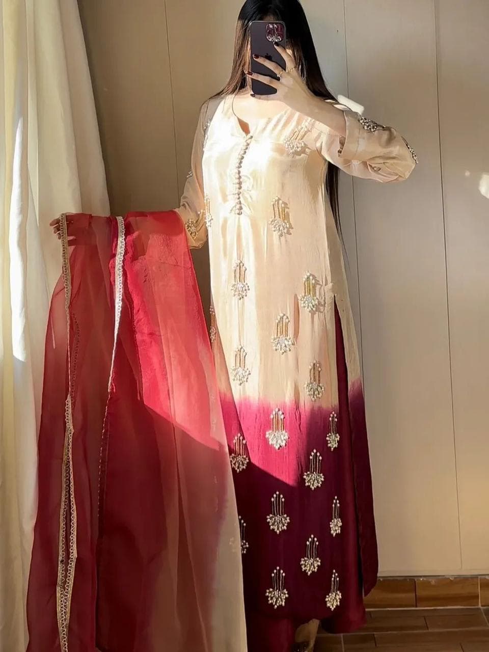 Champagne & Crimson Ombre Embellished Kurta Set