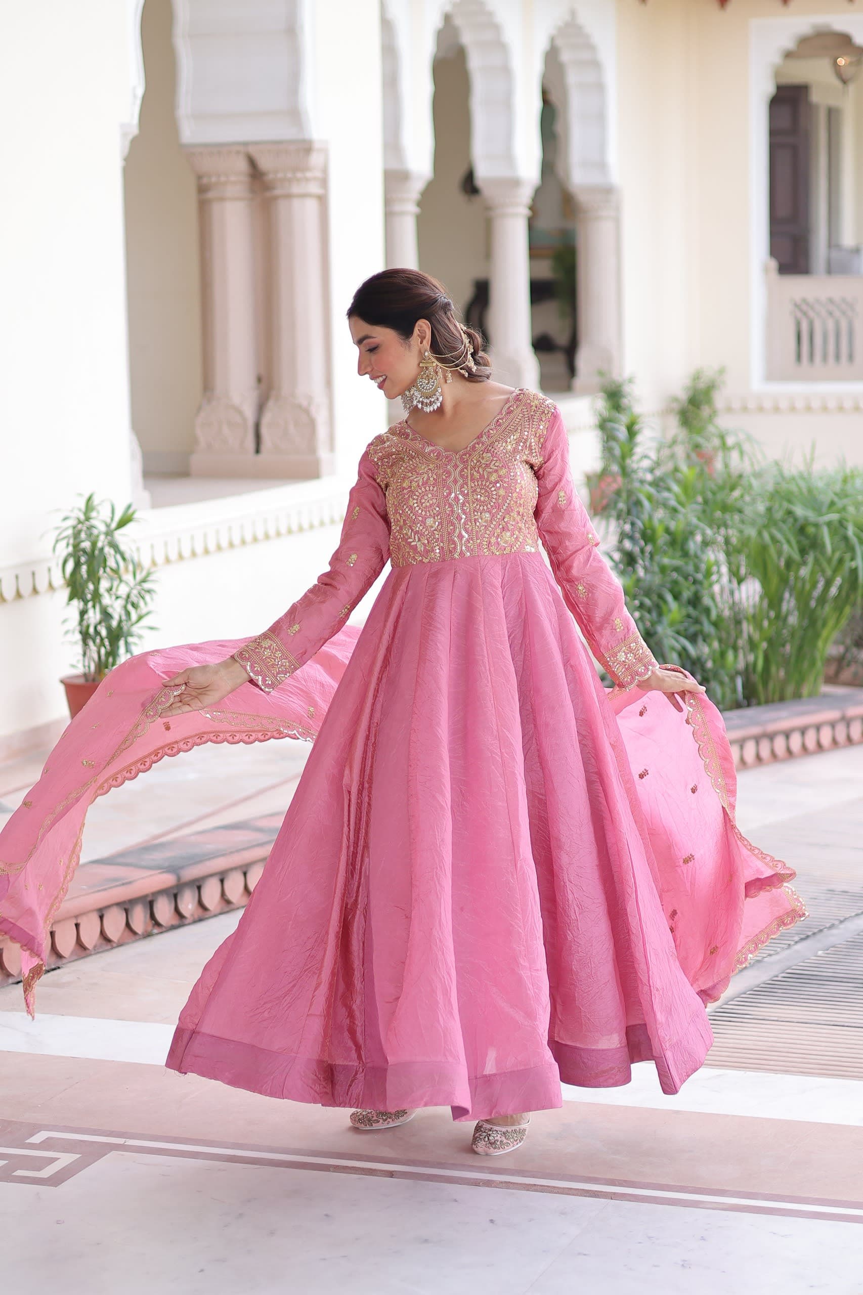 GOLD CRUSH ZARI EMBROIDERED ANARKALI GOWN WITH DUPATTA view 2